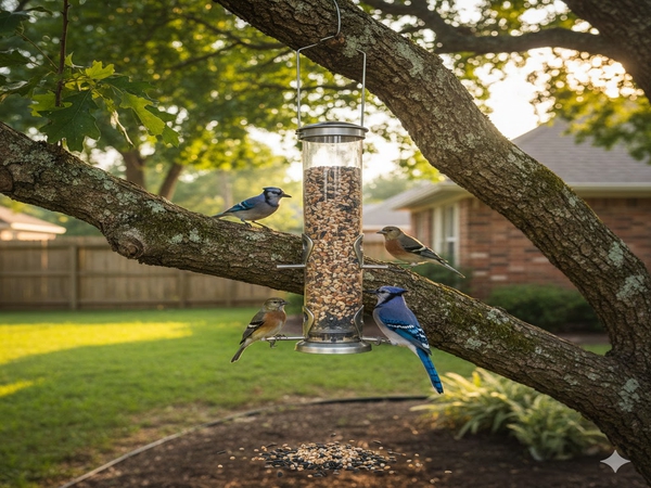 A backyard bird feeder hanging from a tree branch